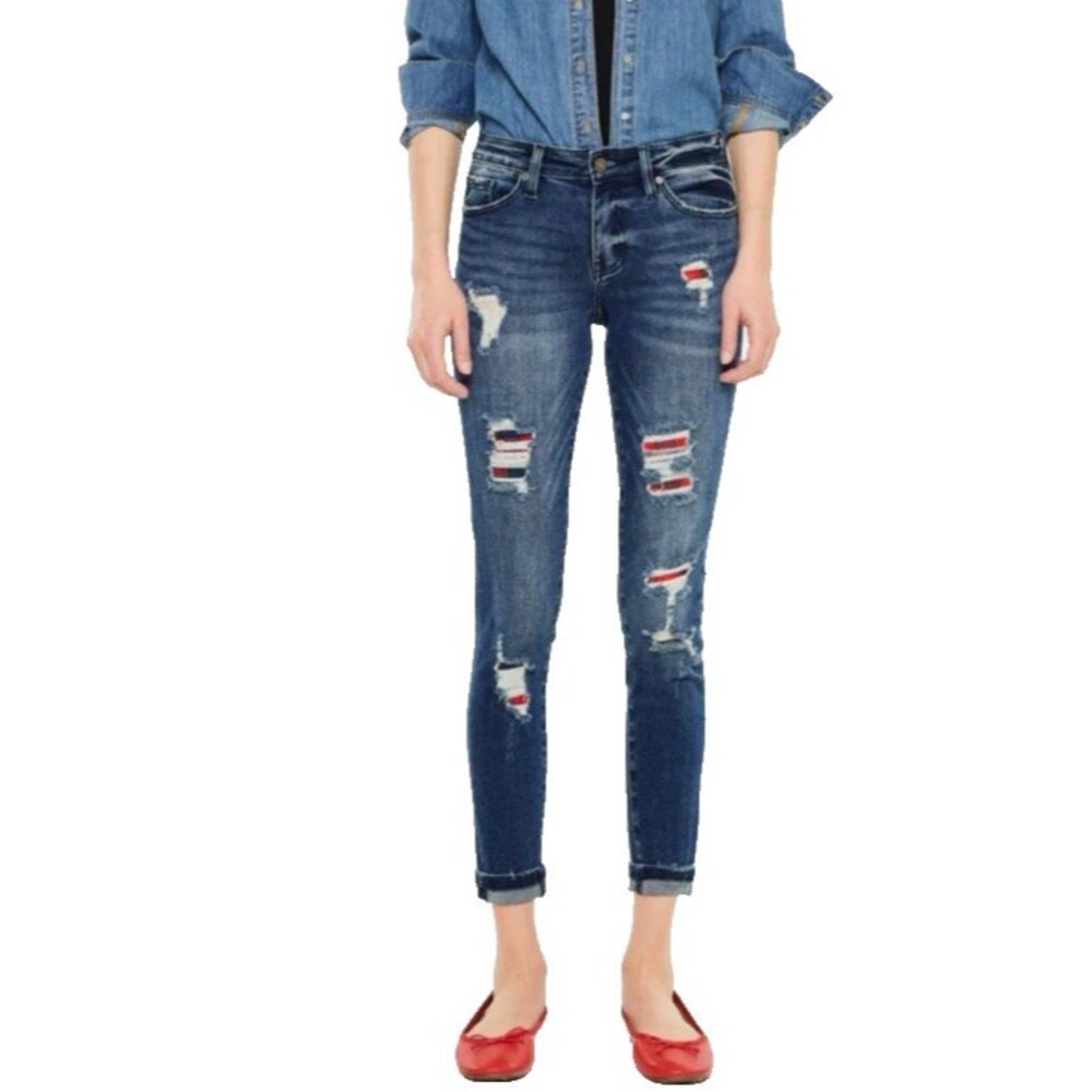 KanCan Jeans Coco Mid‎ Rise Flannel Patch Work Ankle Skinny Jeans Size 1/24